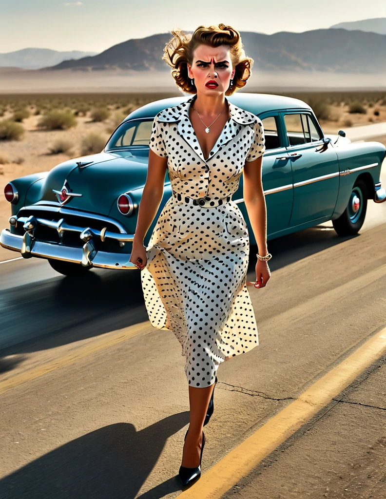 Style des années 1950, en colère [femme:Maude Adams:0.1] dans une robe à pois, la laissant en panne et de la vapeur sort de sa voiture classique Hudson Hornet, marcher vers la caméra, Poings serrés, autoroute vide dans le désert, visage parfait, mise au point ultra nette, Haute qualité, ultra haute résolution, Cinématique, chef-d&#39;œuvre, Style de photographie d&#39;Annie Leibovitz