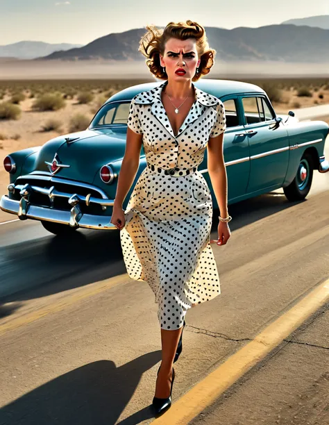 1950s style, angry [woman:Maude Adams:0.1] in a polka dot dress, leaving her broke down and steam comes out of her Hudson Hornet...