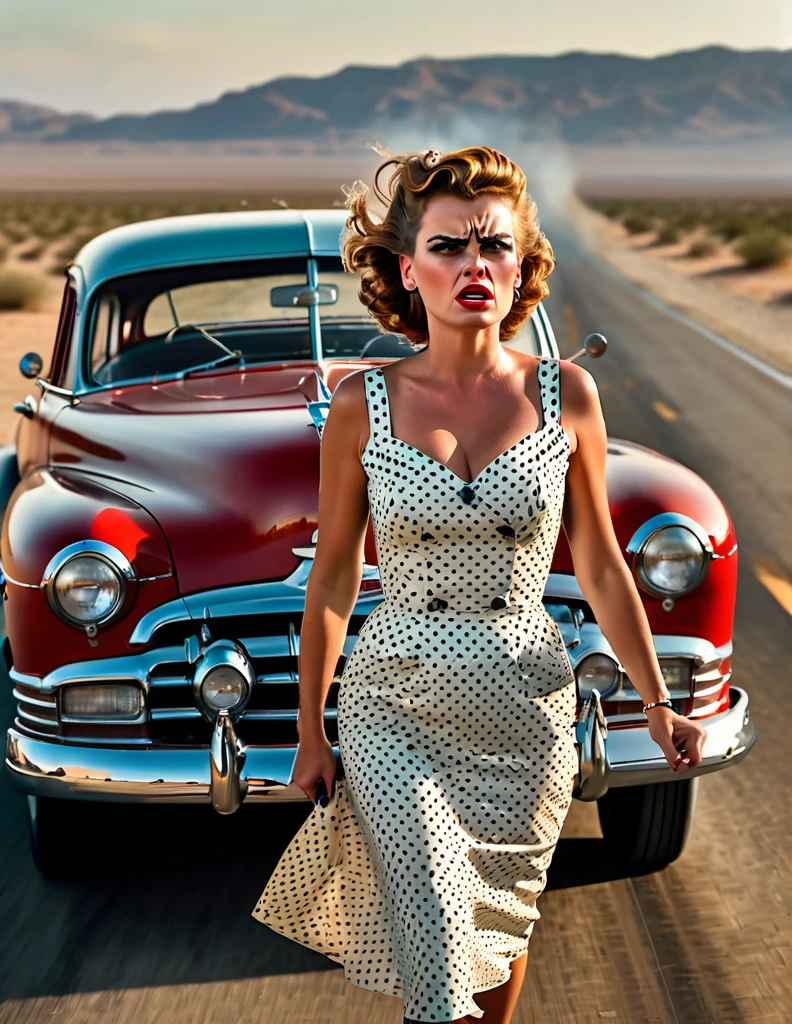 Style des années 1950, en colère [femme:Maude Adams:0.1] dans une robe à pois, la laissant en panne et de la vapeur sort de sa voiture classique Hudson Hornet, marcher vers la caméra, Poings serrés, autoroute vide dans le désert, visage parfait, mise au point ultra nette, Haute qualité, ultra haute résolution, Cinématique, chef-d&#39;œuvre, Style de photographie d&#39;Annie Leibovitz