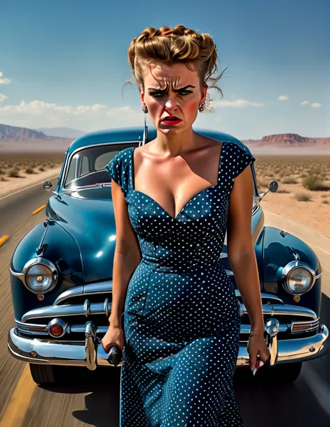 1950s style, angry [woman:Maude Adams:0.1] in a polka dot dress, leaving her broke down and steam comes out of her Hudson Hornet...