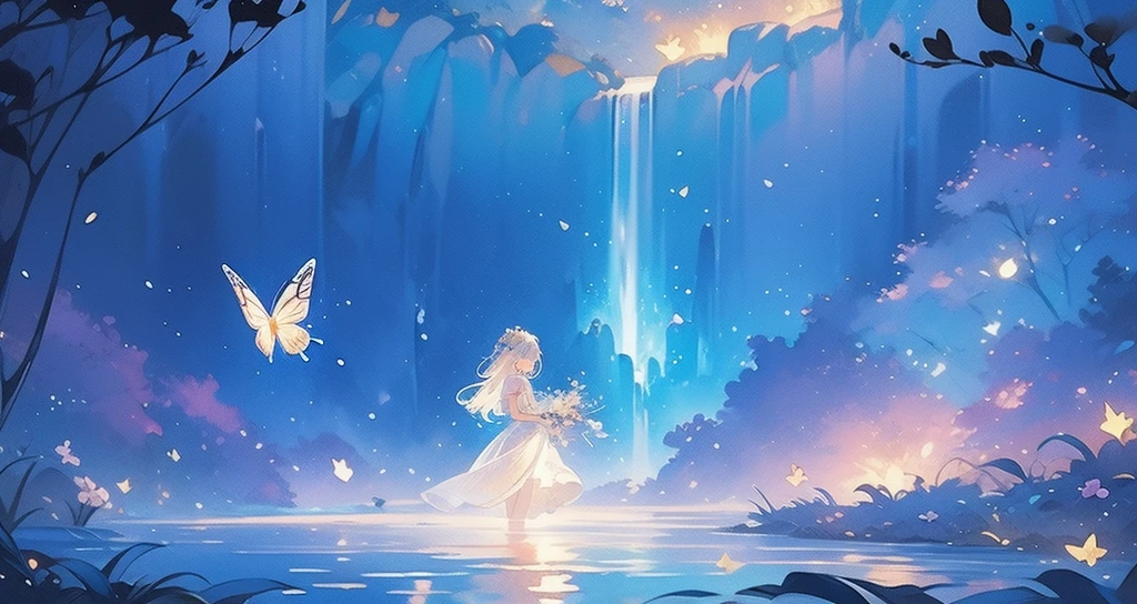 glowing fairies, beautiful girl in a sparkling delicate white dress, glowing lights, fireflies, glowing butterflies, Fairytale Creatures, watercolor illustration, bright pastel colors, Dreamy, Colorful, bizarre, magic, masterpiece, Best quality, sharp focus, intricately detailed environment, small parts, permission 8k, waterfall lagoon, (magic lagoon), (waterfall, lake), 