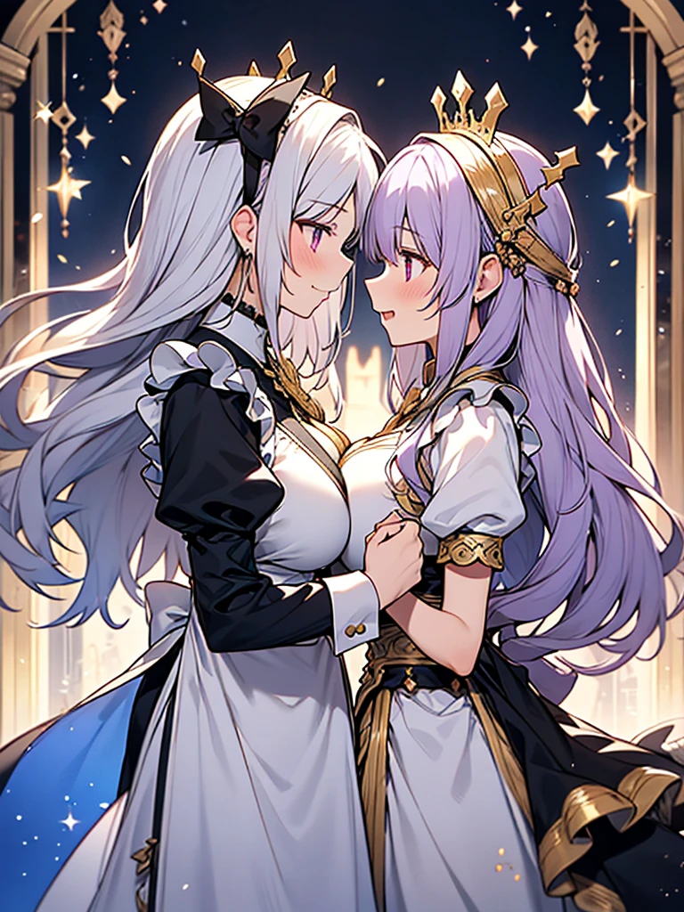 2people,face to face,from side,
 // 
1of2=Ishtar,goddess,silver hair,dress of gold and lapis lazuli with huge ,
 // 
2of2=Ninshubur,maid uniform frilly headband,light purple hair,