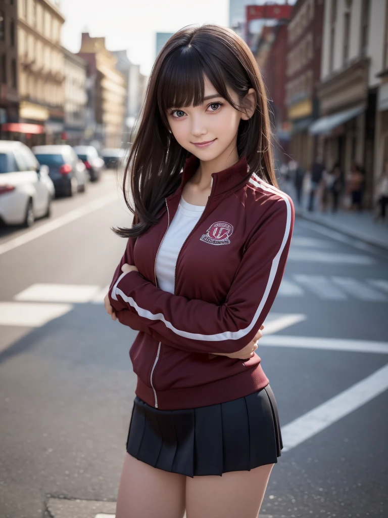 (8K, RAW Photos, Highest quality, masterpiece:1.2), (Realistic, photo-Realistic:1.4), (Highly detailed 8K wallpapers), ((Full Body Shot)), (1 girl), Sharp focus, Depth of written boundary, Cinematic lighting, Soft Light, The beauty of detail, eye_Chan, Very beautiful 17 year old girl, innocent big eyes, Realistic, photo Realistic, Highly detailed cute girl, (Thin thighs), (Model Body Type), 18-year-old, ((Wine Red Track Jacket)), (Black micro mini tight skirt), (((Fold your arms in front of your chest and act arrogantly))), ((A happy smile)), Parted lips, Watching the audience, (On the streets of New York) , (Brown Hair),（Long Bob Hair), (Asymmetrical bangs)
