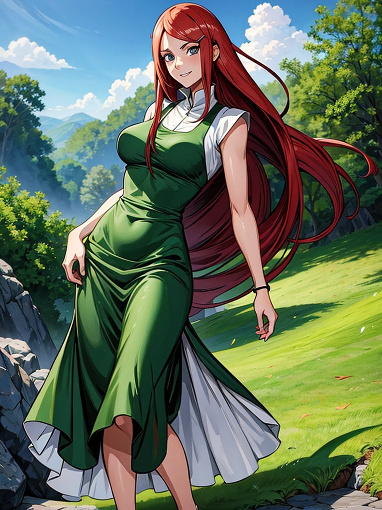 uzumaki_kushina, large_breasts, standing, solo, kushina_green_dress, masterpiece, best quality, detailed face, detailed eyes, highres, smile, (masterpiece:1.4, best quality:1.2), (Highres), (Detailed Illustration), Ultra-Detailed, konohagakure, uzumaki_kushina, kushina_green_dress, standing straight, looking in front,