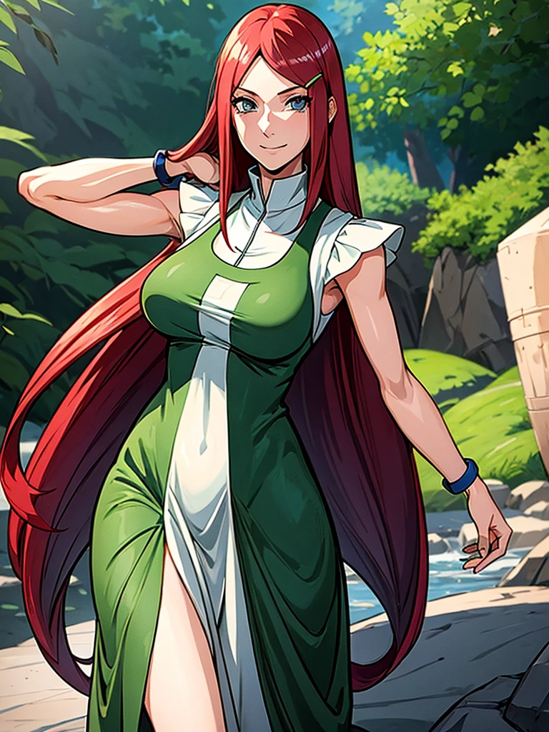 uzumaki_kushina, large_breasts, standing, solo, kushina_green_dress, masterpiece, best quality, detailed face, detailed eyes, highres, smile, (masterpiece:1.4, best quality:1.2), (Highres), (Detailed Illustration), Ultra-Detailed, konohagakure, uzumaki_kushina, kushina_green_dress, standing straight, looking in front,