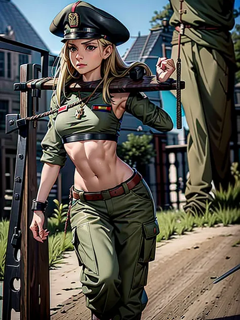 women in crop top soldier uniform, soldier hat, medal on the chest,  exposed abdomen area, very low waist cargo pants, navel, 45...