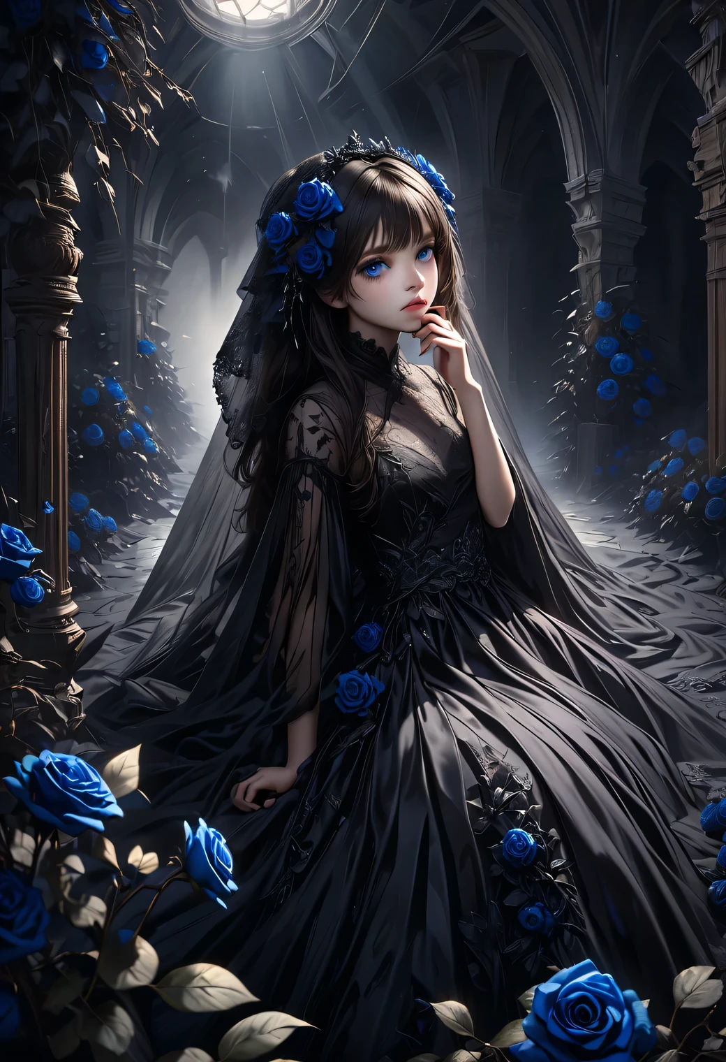 full-body view, dramatic angle, beautiful detailed eyes, beautiful detailed lips, extremely detailed eyes and face, longeyelashes, beautiful and cute young girl, a princess of the underworld, a gloomy expression, a downcast face, looking up, hand on mouth, white and black gradation hair, through bangs, flowing hair, a black race sheer veil adorned with blue-black roses, an exquisitely beautiful black dress adorned with blue-black roses, a gloomy underworld background, (highest quality,16k,highres,masterpiece:1.2),ultra-detailed,(ultra-realistic,photo-realistic:1.37),HDR,UHD,studio lighting,ultra-fine painting,sharp focus,physically-based rendering,extreme detail description,professional,vivid colors,dark gothic,dramatic lighting,chiaroscuro,mysterious,melancholy,somber,surreal,fantasy