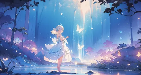 glowing fairies, beautiful girl in a sparkling delicate white dress, glowing lights, fireflies, glowing butterflies, Fairytale C...