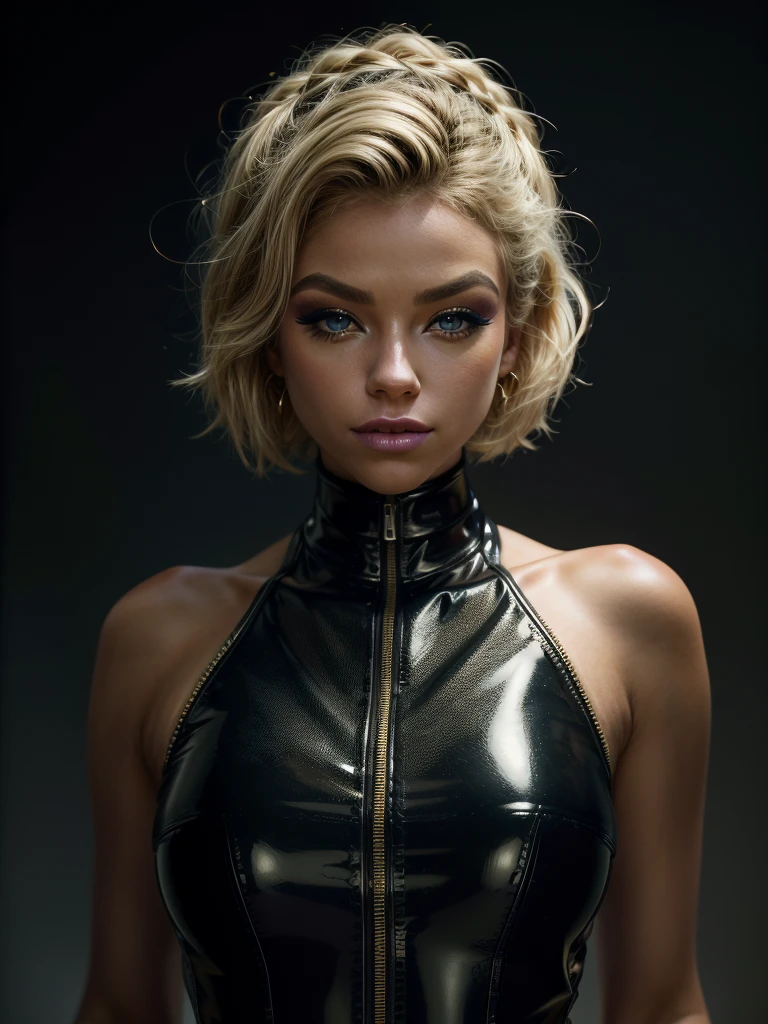 full body photo of an arafed woman, (makeup:1.4), beautiful smile, turtleneck latex outfit, zipper, highly detailed fur, natural skin texture, short blonde hair, 4k textures, Highly detailed perfect , Lightroom, Intricate, Ultra-Realistic, Out There, (HDR:1.3), UHD, (Intricate Detail, Hyper-Detailed:1.1), Cinematic, Photoreal, (Dark Shot:1.2), Dramatic, High Contrast, (Warm Color:1.1) , muted colors, master piece, elegant, sharp focus, suggestive pose