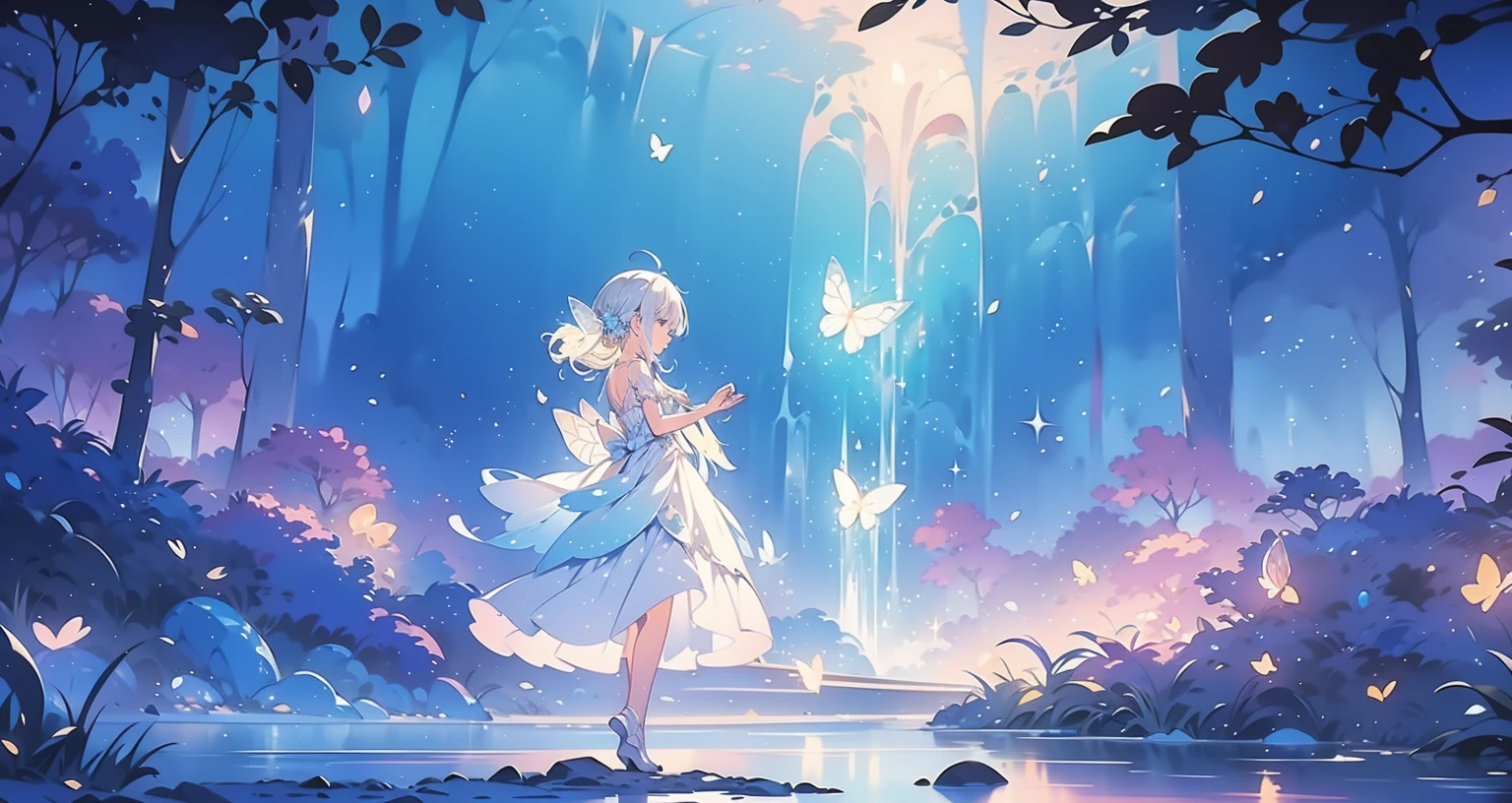 glowing fairies, beautiful girl in a sparkling delicate white dress, glowing lights, fireflies, glowing butterflies, Fairytale Creatures, watercolor illustration, bright pastel colors, Dreamy, Colorful, bizarre, magic, masterpiece, Best quality, sharp focus, intricately detailed environment, small parts, permission 8k, waterfall lagoon, (magic lagoon), (waterfall, lake), 