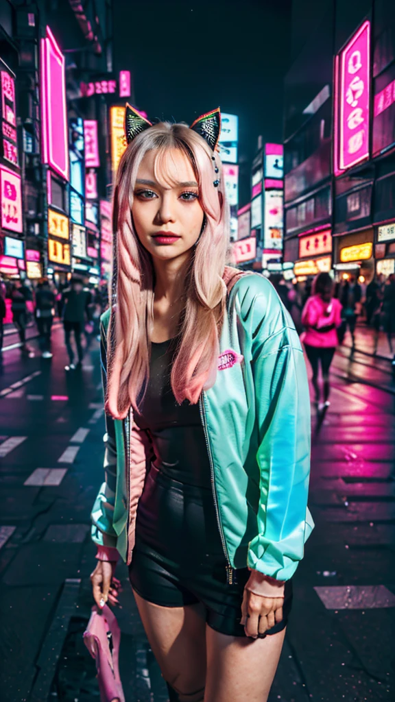 masterpiece, Highest quality, 4K, Realistic, Bokeh, Awareness-raising,1 perfect portrait of a girl, (A fascinating eye for perfect detail:1.2), Silver Hair, (Gradient Hair), (Neon blue and pink soft long hair:1.6), (Cat ear:1.2), Fantasy Background, (Harajuku Fashion), (Neon blue long sleeve), (Lean forward slightly), Tilt your head, Cinema Lighting, Larger clothes, (Seductive pose:1.4), (Cyberpunk night background:1.6), Beautiful Blue Eyes, close,