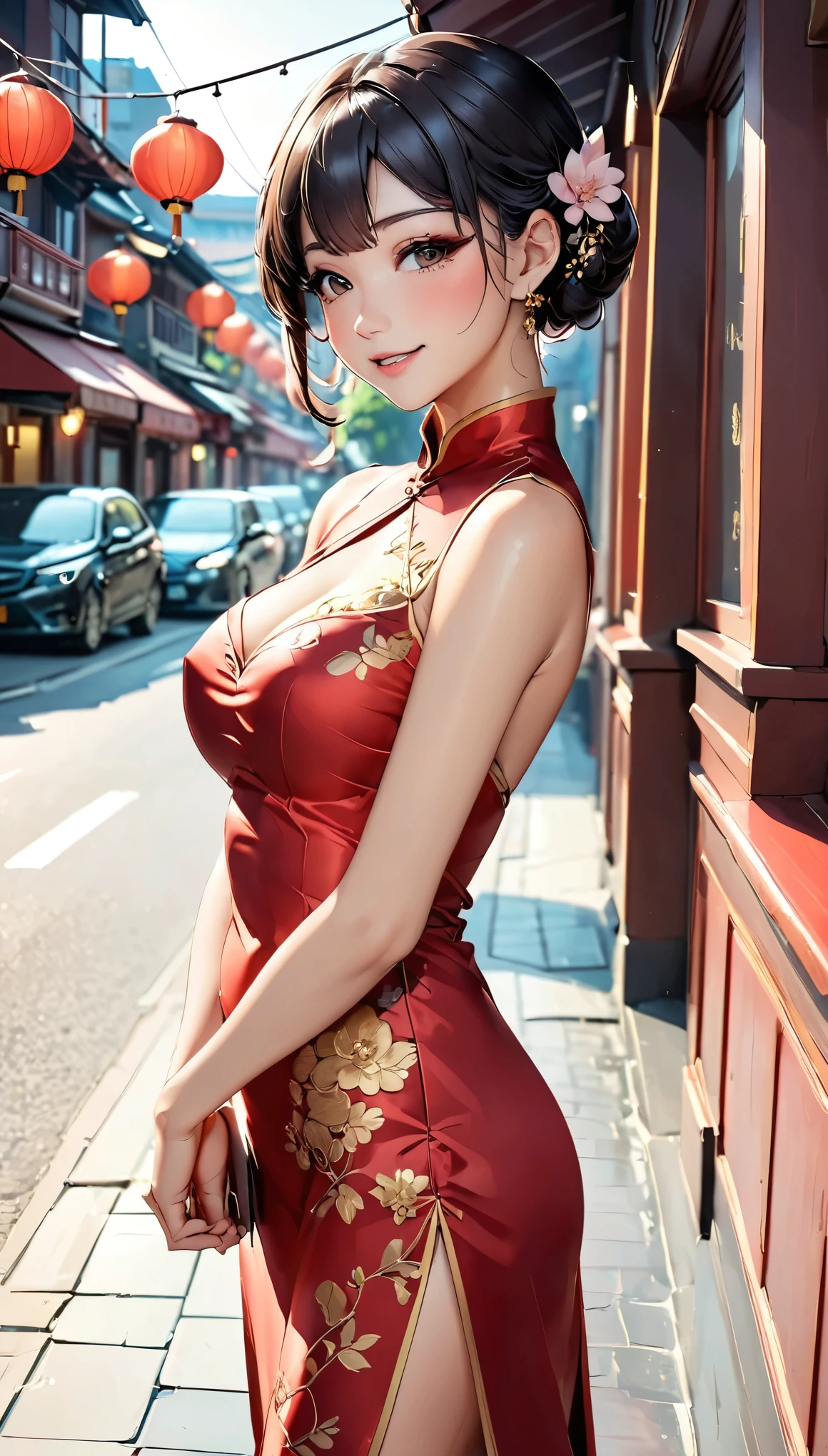 une belle femme, Ville,(Cheongsam en soie rouge), (flower chignon), (fil à broder doré), (tel), restaurant chinois en plein air, sourire bouche ouverte, ((cheveux noirs)), petit rougissement, côté, (sein), Reflétant les fesses