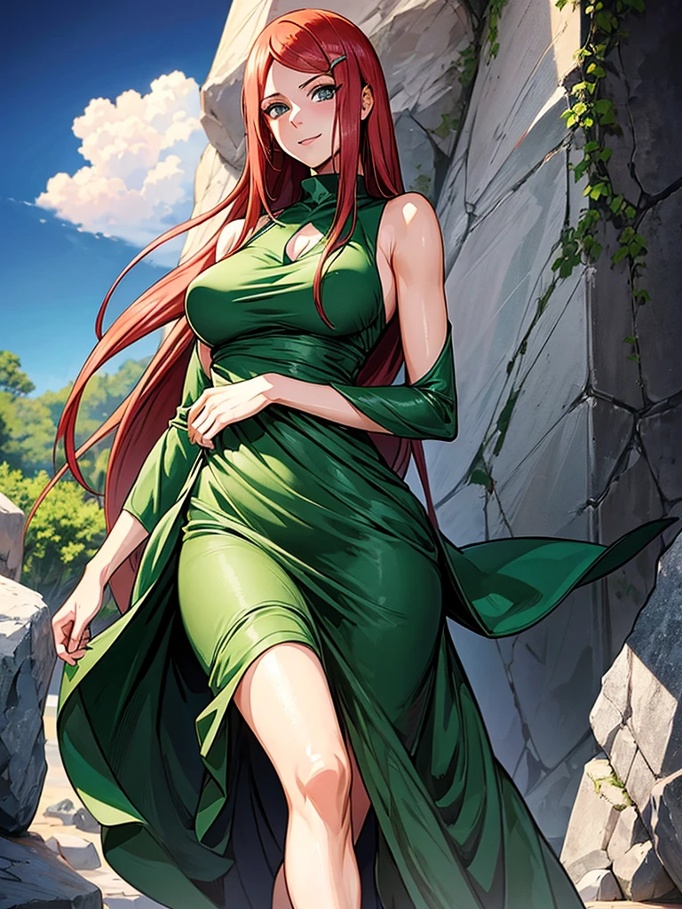 uzumaki_kushina, large_breasts, standing, solo, kushina_green_dress, masterpiece, best quality, detailed face, detailed eyes, highres, smile, (masterpiece:1.4, best quality:1.2), (Highres), (Detailed Illustration), Ultra-Detailed, konohagakure, uzumaki_kushina, kushina_green_dress, standing straight, looking in front,