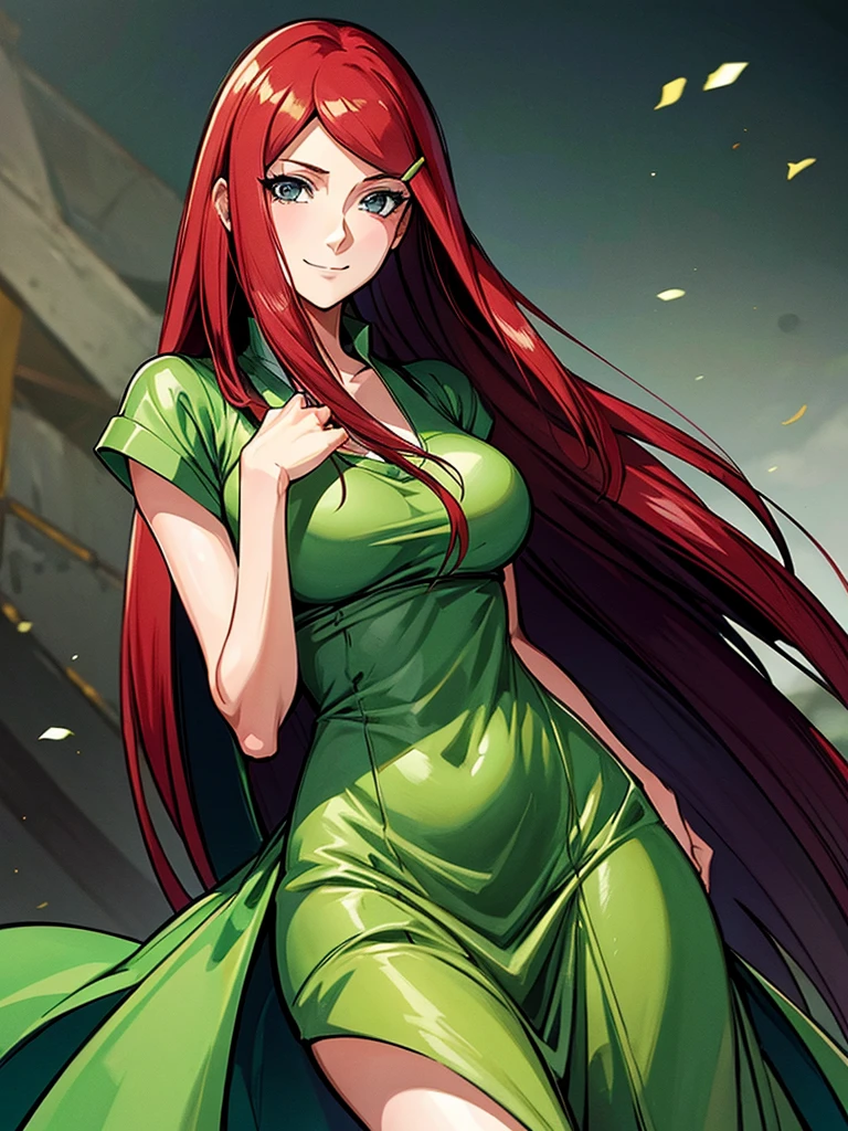 uzumaki_kushina, grande_seios, de pé, Sozinho, kushina_verde_vestir, obra de arte, melhor qualidade, rosto detalhado, olhos detalhados, alta resolução, sorriso, (obra de arte:1.4, melhor qualidade:1.2), (alta resolução), (Ilustração detalhada), Ultra-detalhado, konohagakure, uzumaki_kushina, kushina_verde_vestir, de pé straight, olhando em frente,