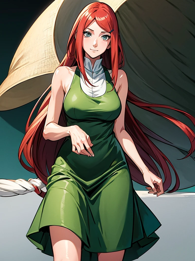 uzumaki_kushina, large_breasts, standing, solo, kushina_green_dress, masterpiece, best quality, detailed face, detailed eyes, highres, smile, (masterpiece:1.4, best quality:1.2), (Highres), (Detailed Illustration), Ultra-Detailed, konohagakure, uzumaki_kushina, kushina_green_dress, standing straight, looking in front,