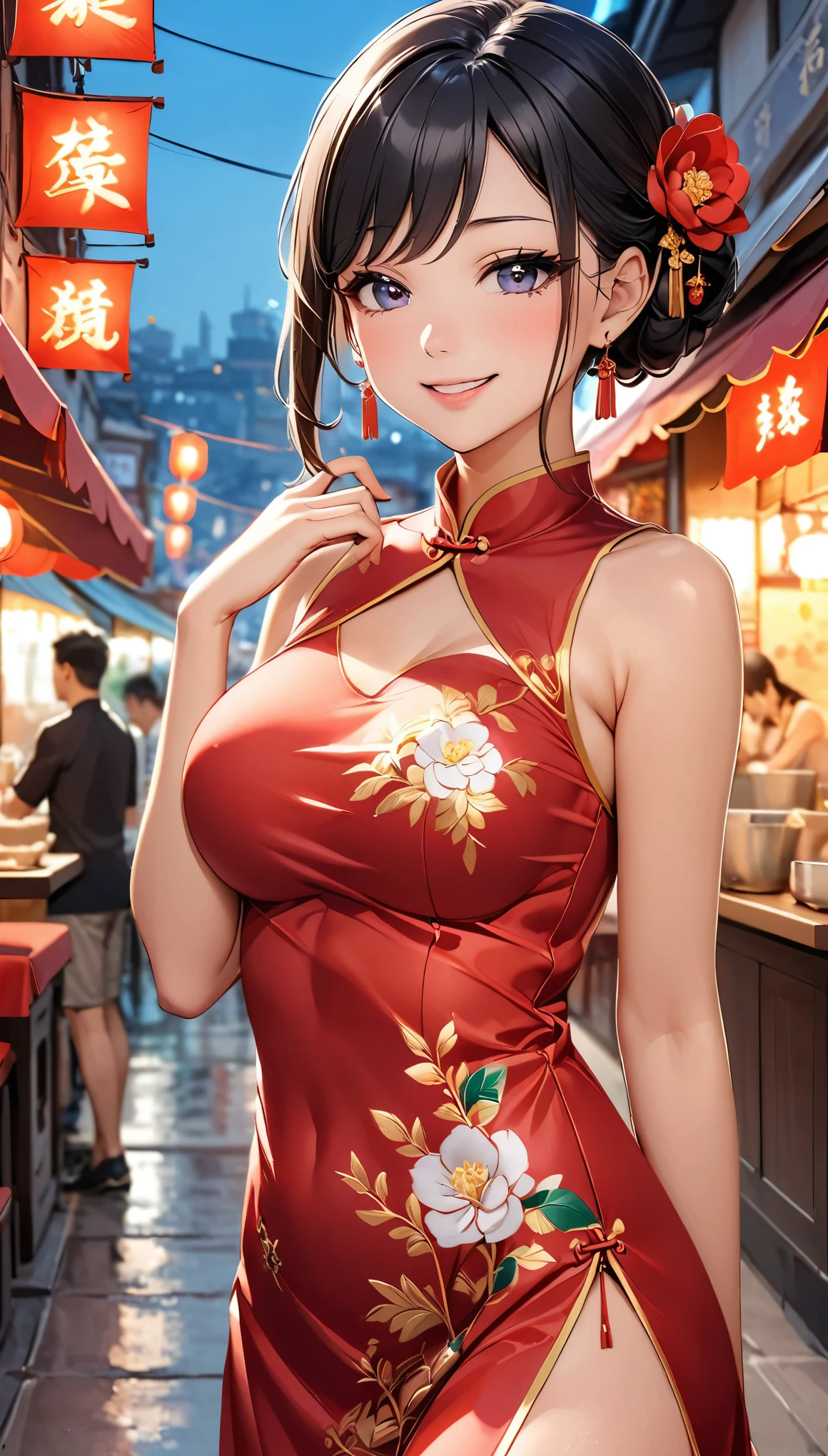 A beautiful woman, city,(Red silk cheongsam), (flower chignon), (gold embroidery thread), (slik), outdoor chinese restaurant, open mouth smile, ((black hair)), little blush, side, (breast), Reflecting the buttocks