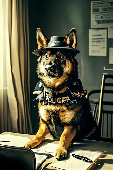 generate an image of a scene where a german shepherd police officer is interrogating a shiba inu suspect. the german shepherd sh...