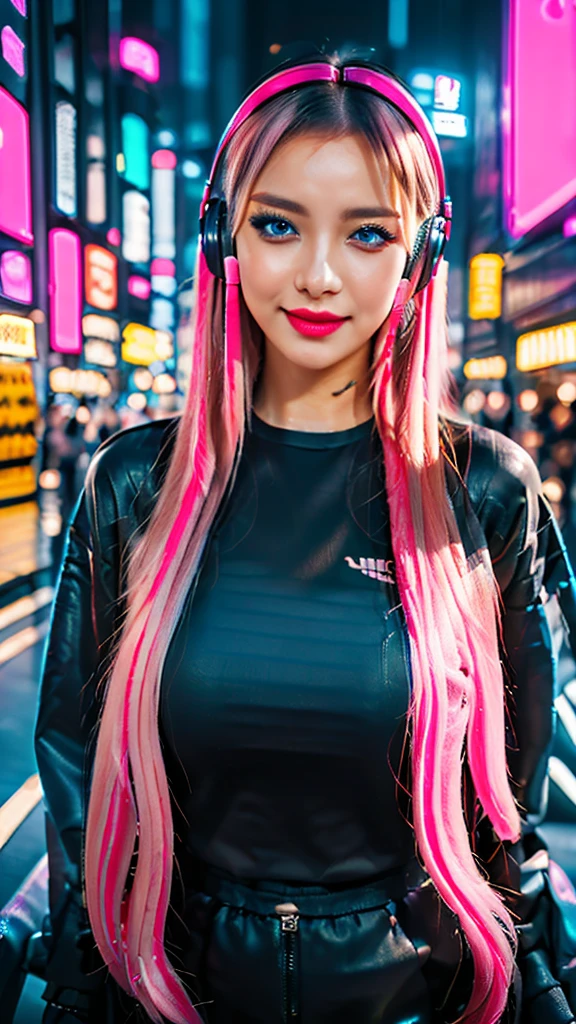 masterpiece, Highest quality, 4K, Realistic,1 perfect portrait of a cute girl, (A fascinating eye for perfect detail:1.2), Silver Hair, (Gradient Hair), (Neon blue and pink soft long hair:1.6), (Wearing headphones:1.2),  (Harajuku Fashion), Cinema Lighting, Larger clothes, (Seductive pose:1.4), (Cyberpunk night background:1.6), Beautiful Blue Eyes, close,