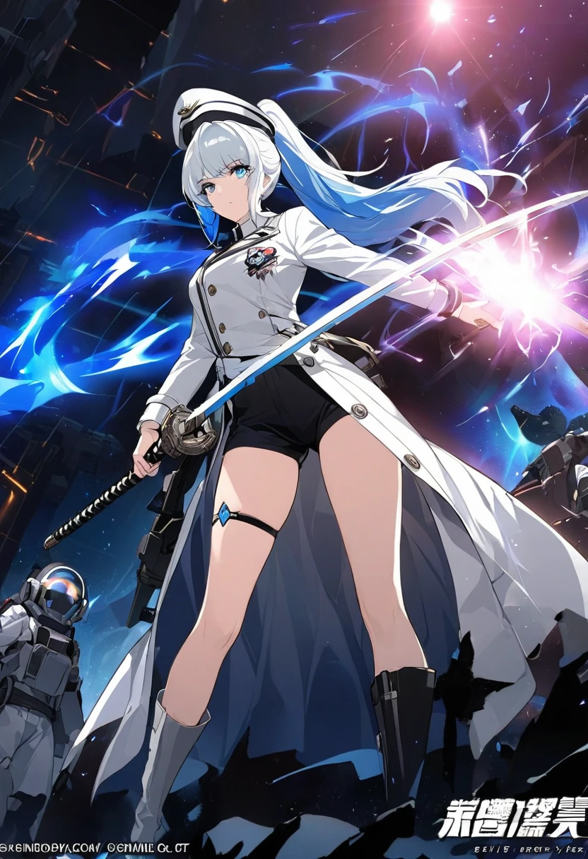 A female commander standing amidst an intergalactic battlefield, White high ponytail with a glowing light blue highlights at the ends. Wielding a sword with deep blue aura. Wearing Black shorts exposing the thighs, with two rings on the left leg and a blue inner layer. A White and gray trench coat with a badge on the left, and a captain hat, a long dark boots.detailed art, beautiful, high contrast, lens flare. A binary stars in the background.