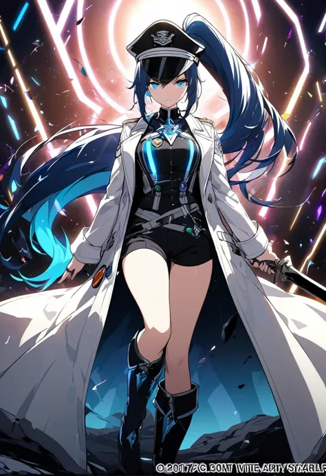 A female commander standing amidst an intergalactic battlefield, White high ponytail with a glowing light blue highlights at the...