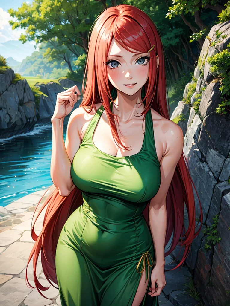 uzumaki_kushina, large_breasts, standing, solo, kushina_green_dress, masterpiece, best quality, detailed face, detailed eyes, highres, smile, (masterpiece:1.4, best quality:1.2), (Highres), (Detailed Illustration), Ultra-Detailed, konohagakure, uzumaki_kushina, kushina_green_dress, standing straight, looking in front,