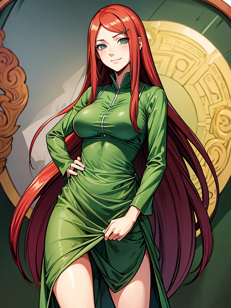 uzumaki_kushina, large_breasts, standing, solo, kushina_green_dress, masterpiece, best quality, detailed face, detailed eyes, highres, smile, (masterpiece:1.4, best quality:1.2), (Highres), (Detailed Illustration), Ultra-Detailed, konohagakure, uzumaki_kushina, kushina_green_dress, standing straight, looking in front,