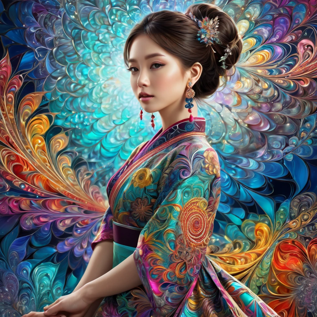 (masterpiece, top quality, best quality, official art, beautiful and aesthetic:1.2), (1girl:1.3), extremely detailed,(fractal art:1.1),(colorful:1.1),highest detailed,(zentangle:1.2), (dynamic pose), (abstract background:1.5), (japanese dress:1.2), (shiny skin), (many colors:1.4), ,(earrings:1.4),