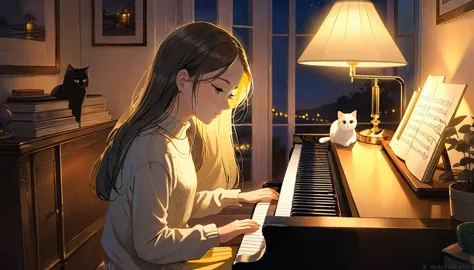 a dusk,
a girl sits in a cozy corner, draw a piano.
the soft yellow light of a desk lamp illuminates her thoughtful expression, ...