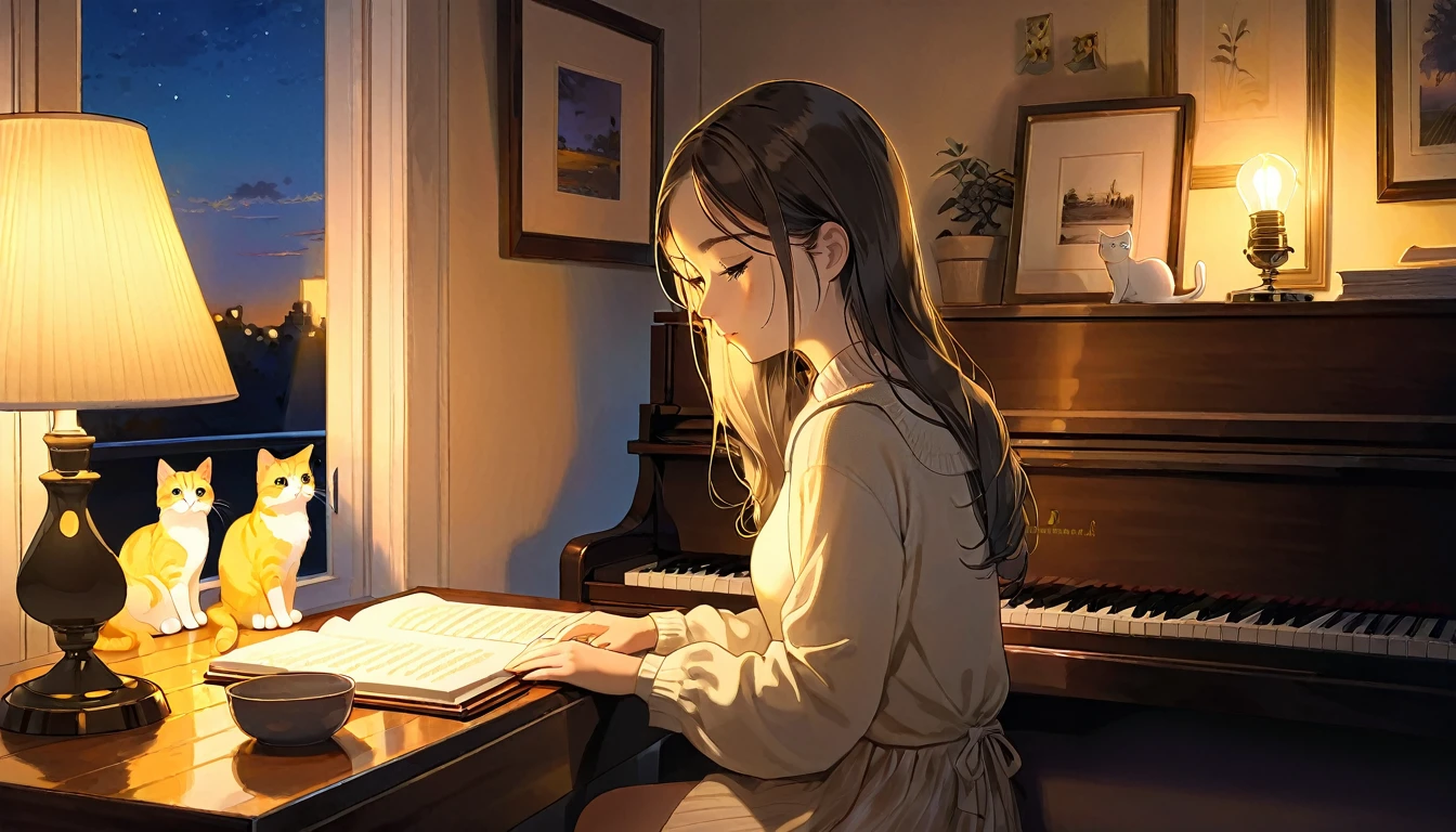 A dusk,
A girl sits in a cozy corner, draw a piano.
The soft yellow light of a desk lamp illuminates her thoughtful expression, revealing deep concentration and a calm posture.
Her gentle gaze is comforting.
It adds to the quiet evening atmosphere, creating a peaceful and tranquil look,with cat.
