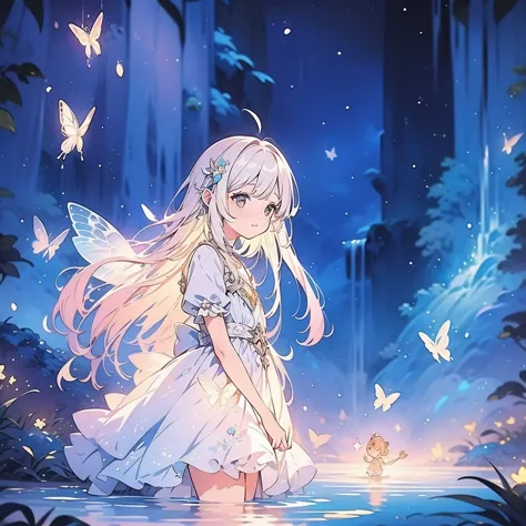 glowing fairies, beautiful girl in a sparkling delicate white dress, glowing lights, fireflies, glowing butterflies, Fairytale C...