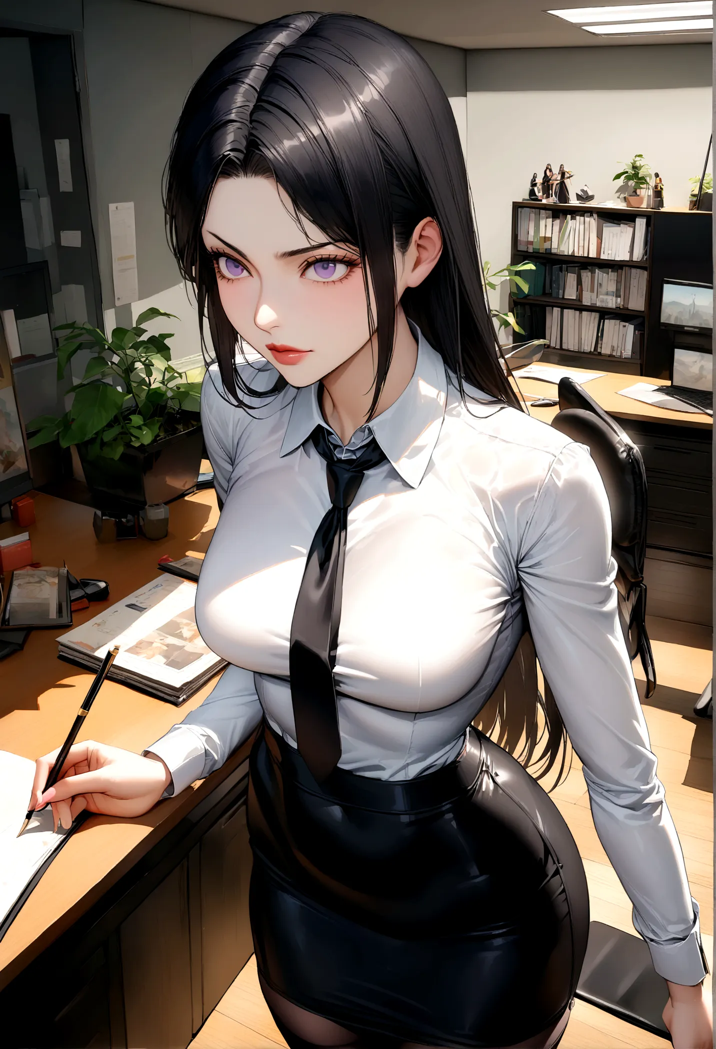 juri han, work of art, tight white secretary shirt with black tie, black high waist skirt, short skirt,stocking, black hair, bla...