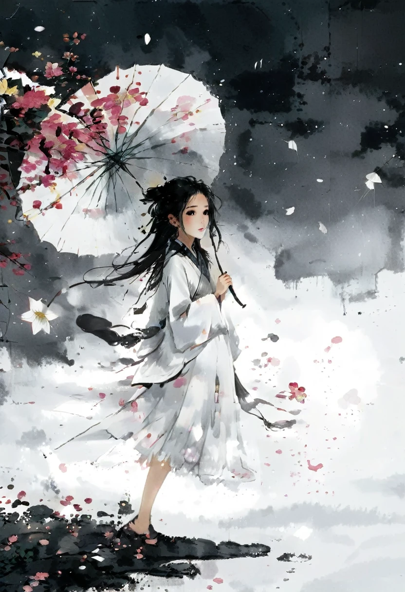 艺术Ink Painting，立体Ink Painting，Minimalism，Minimalism的图形，Minimal Art，Chinese anime girl，whole body，Chinese，，Ink Painting，Umbrella，Falling Flowers，Black long hair，Black and white background，古韵White space，White space，大面积White space，Textured Matte，Low saturation，Minimalism构图，Main Composition