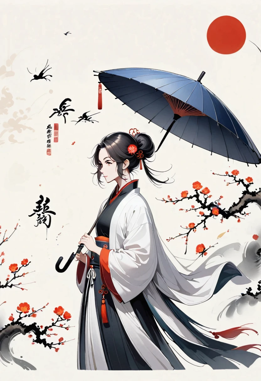 Bada Shanren style,Chinese Ink Painting，Simple style，is capitalized，Very simple pictures，Falling Flowers，Umbrella，