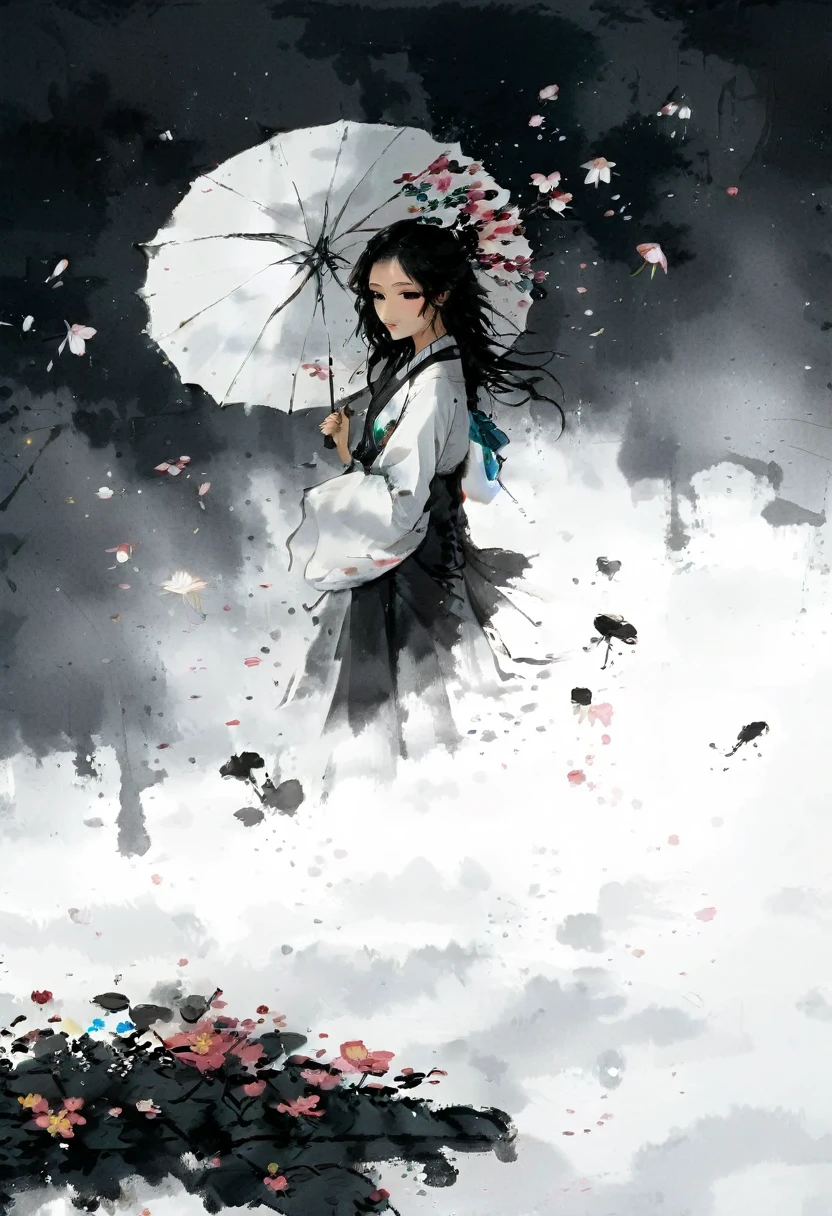 艺术Ink Painting，立体Ink Painting，Minimalism，Minimalism的图形，Minimal Art，Chinese anime girl，whole body，Chinese，，Ink Painting，Umbrella，Falling Flowers，Black long hair，Black and white background，古韵White space，White space，大面积White space，Textured Matte，Low saturation，Minimalism构图，Main Composition