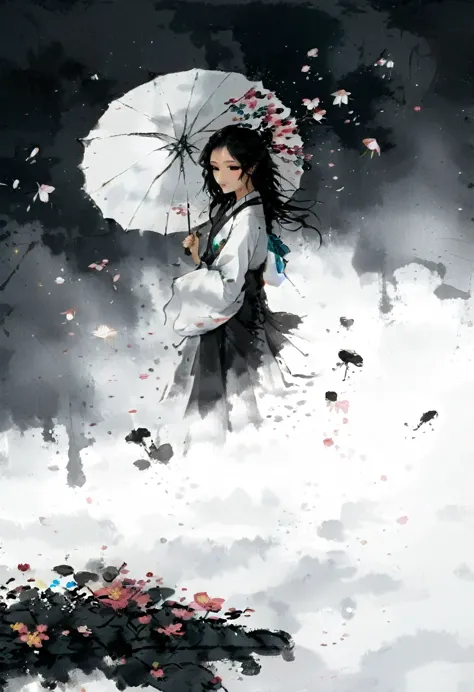 艺术ink painting，立体ink painting，minimalism，minimalism的图形，minimal art，chinese anime girl，whole body，chinese，，ink painting，umbrella，...