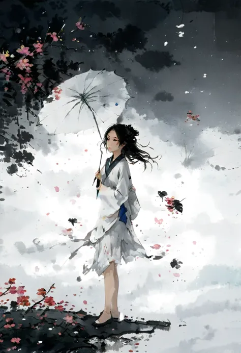 艺术Ink Painting，立体Ink Painting，Minimalism，Minimalism的图形，Minimal Art，Chinese anime girl，whole body，Chinese，，Ink Painting，Umbrella，...