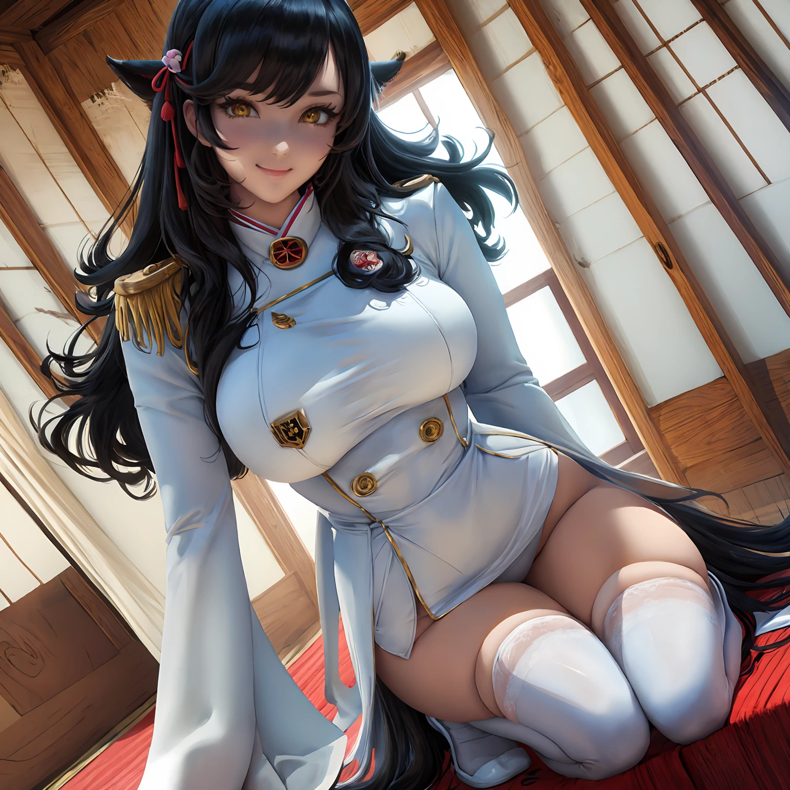 A woman wearing a white female military uniform with gold details, exposed thigh, long maroom stockings, white heels, golden medal, white gloves, big breasts, yellow eyes, very dark black hair, long hair, long neko ears, smiling, walking on a Japanese platform, with views of traditional Japanese houses, full length, anime style, sparkle, drop shadow, bloom, UHD, masterpiece, ccurate, anatomically correct, textured skin, super detail, high quality, best quality, 8k, highres, (solo woman)
