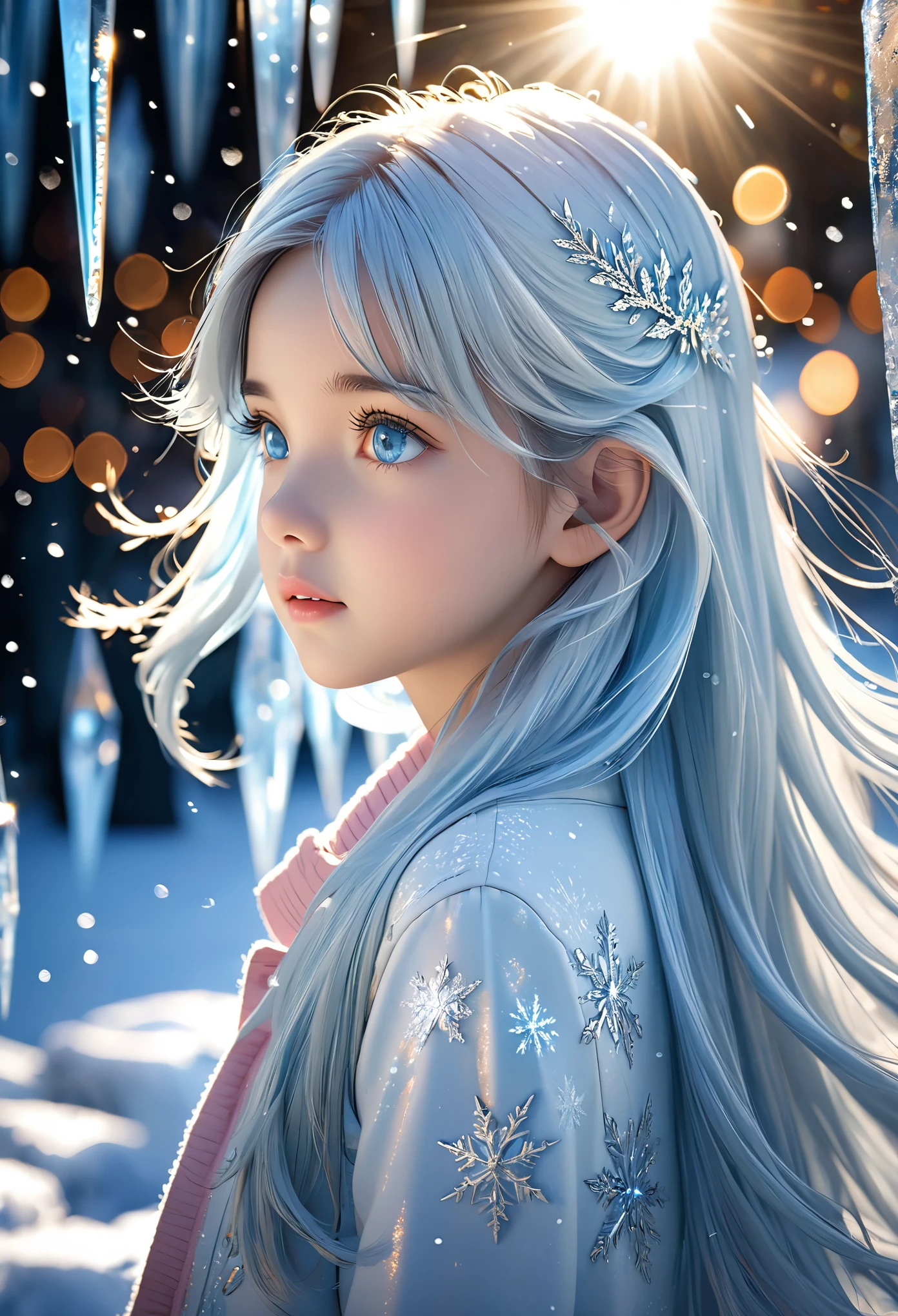 beautiful, a little girl, in the crystal and ice area , fluttering ice and snowing, ice crystals, streaked hair, sliver hair, sky blue hair, long hair, blue eyes, eye reflection, look into the distance, ray tracing, reflection light, blurry, glowing light, shallow depth of field, chiaroscuro, stereogram, zoom layer, side, bokeh, masterpiece, best quality, high quality, UHD, rich detail background, 