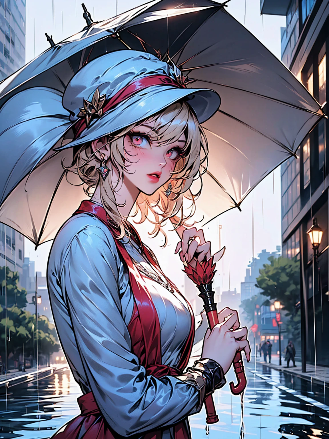 A detailed steampunk inspired illustration of ((a woman with an umbrella in her hand:1.6)), ((rainy day, street with puddles of water, heavy rain, wet clothes, skin texture, with water drops:1.5)), (Best Quality, 4k, 8k, high resolution, Masterpiece: 1.2), ultra detailed, sharp focus, (realist, photorealist, photo-realist: 1.37), (Masterpiece: 1.3), (Best Quality: 1.2), ( high quality: 1.1), (photorealist: 1.37), (extremely detailed: 1.2), (cinematic lighting: 1.2), (dramatic shadows: 1.2), (muted colors: 1.1), ,intense lighting,dramatic lighting,lighting change,cinematic lighting,chiaroscuro lighting,dramatic shadows,dramatic moments,vivid colors,intense colours,deep contrast,cinematic depth of field,cinematographic composition,angle cinema camera