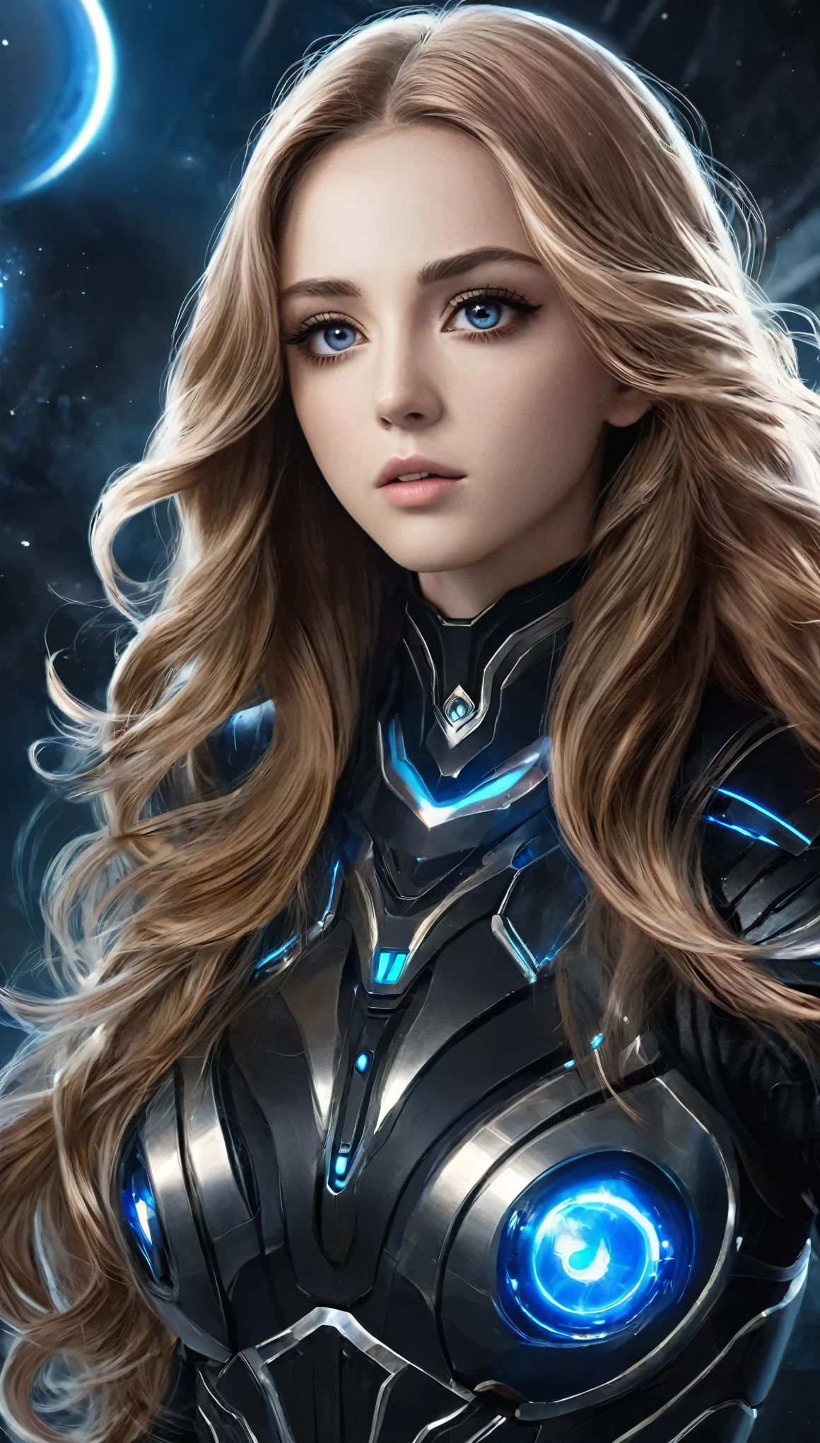 Big black eyes, aura, long wavy hair of light brown color,, Black and blue sci-fi armor, SF wind, high quality, atmosphere, war, beautiful symmetrical face