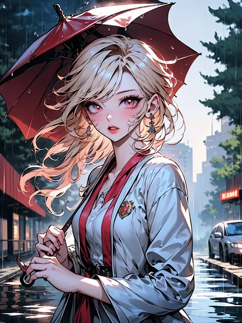 anime, A detailed steampunk inspired illustration of ((a woman with an umbrella in her hand:1.6)), ((rainy day, street with pudd...