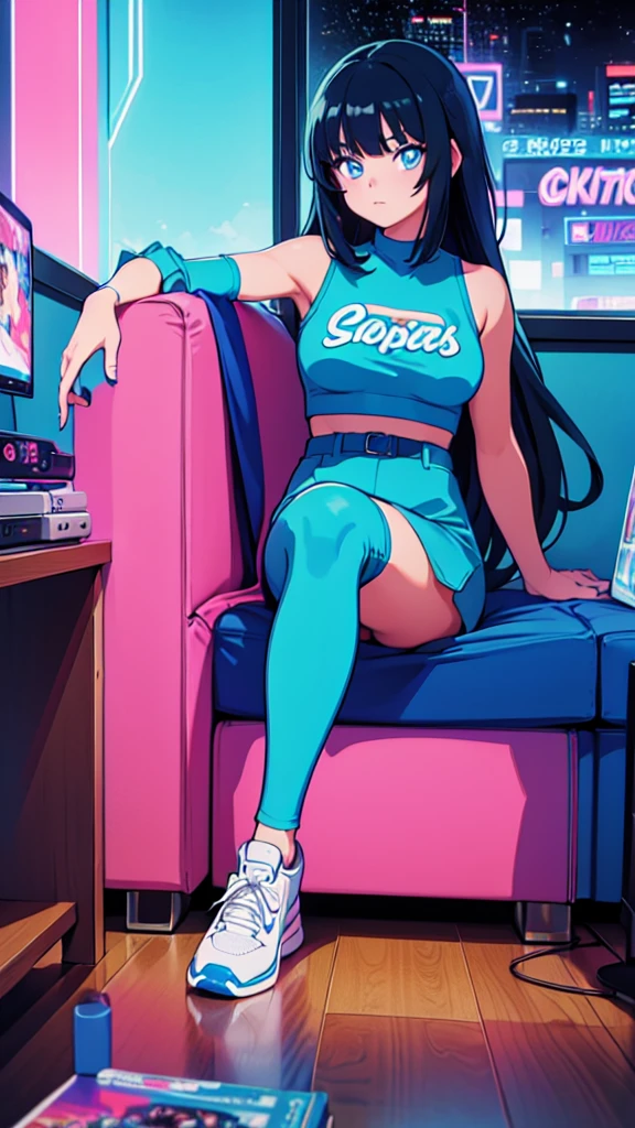 (masterpiece), Highest quality, Expressive eyes, Neon pastel aesthetics, Retro 90s, Neon color,((Girl sitting on sofa,In a cozy room,Records hanging on her wall, Comic books on the floor, Looking out the window behind her at the night city, Upholstered room, Anime figures lined up on a shelf)), Wearing headphones, (All around her it sparkles), (wearing thick colorful sneakers), (blue eyes), (Soft look), (Synthwave Art Style), Colorful Hair, Desk with PC set up