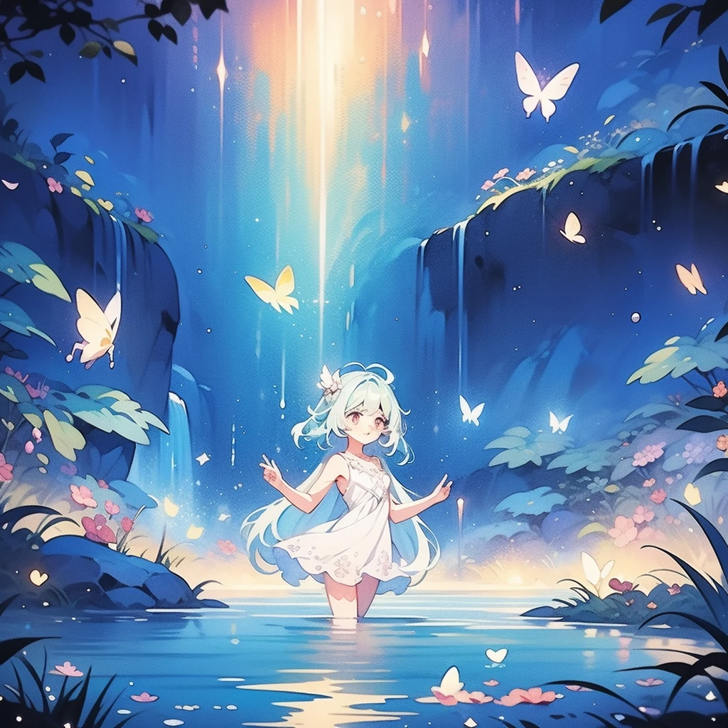 glowing fairies, beautiful girl in a sparkling delicate white dress, glowing lights, fireflies, glowing butterflies, Fairytale Creatures, watercolor illustration, bright pastel colors, Dreamy, Colorful, bizarre, magic, masterpiece, Best quality, sharp focus, intricately detailed environment, small parts, permission 8k, waterfall lagoon, (magic lagoon), (waterfall, lake), 