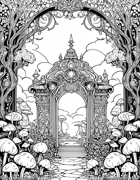 intricate line art of a magical forest entrance, ornate gateway, glowing mushrooms, black and white illustration, coloring book ...