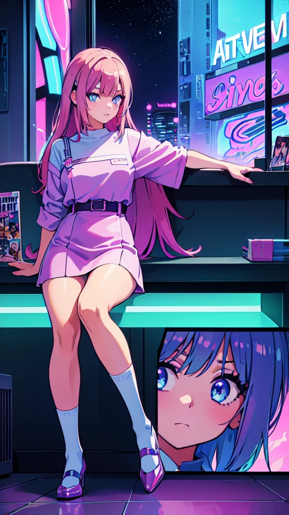 (masterpiece), Highest quality, Expressive eyes, Neon pastel aesthetics, Retro 90s, Neon color,((Girl sitting on sofa,In a cozy room,Records hanging on her wall, Comic books on the floor, Looking out the window behind her at the night city, Upholstered room, Anime figures lined up on a shelf)), Wearing headphones, (All around her it sparkles), (Wearing high socks and heels), (blue eyes), (Soft look), (Synthwave Art Style), Colorful Hair, Desk with PC set up