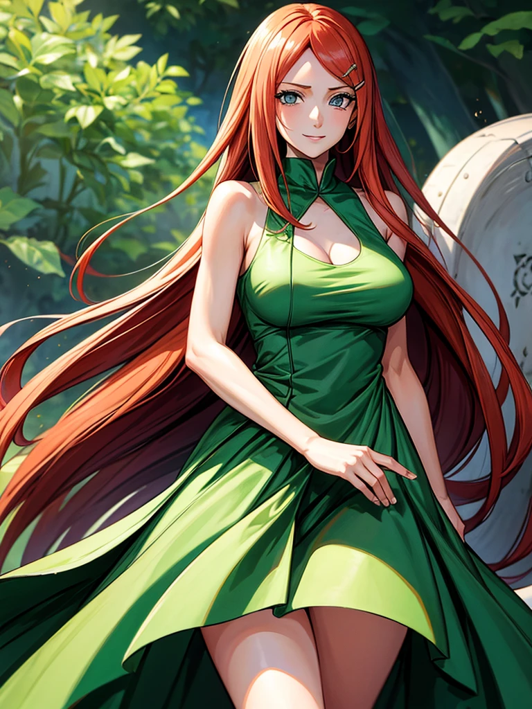 uzumaki_kushina, large_breasts, standing, solo, kushina_green_dress, masterpiece, best quality, detailed face, detailed eyes, highres, smile, (masterpiece:1.4, best quality:1.2), (Highres), (Detailed Illustration), Ultra-Detailed, konohagakure, uzumaki_kushina, kushina_green_dress, standing straight, looking in front,