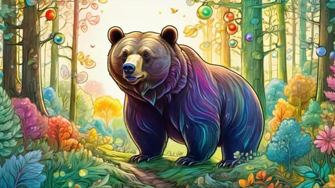 ((close-up of a large bear in the center))、looks happy,an illustration,pop,colorfulに,draw with thick lines,color,in the forest、h...