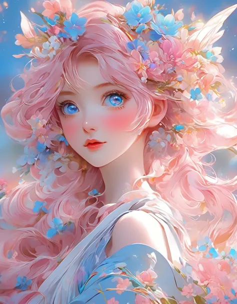 Pink hair and blue eyes、Anime girl with flowers in her hair, Cute and detailed digital art, Anime Style 4k, Beautiful digital il...