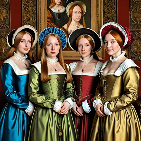 a group of women wearing different hats and gowns, wearing elegant tudor clothes, renaissance era clothing, 1 6 century style, e...