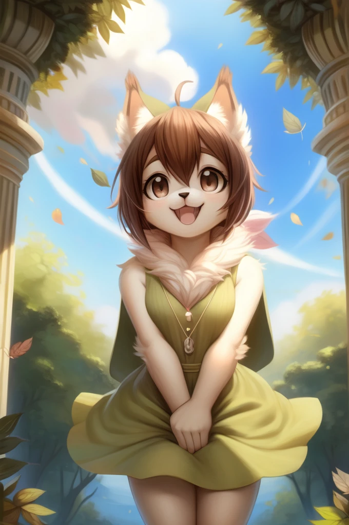 by woolrool,,, Kari_Kamiya furry, detailed and extremely fluffy body fur, fluff, masterpiece, looking up beautiful surroundings, detailed background, happy, leaf-dress, short stature, sexy anthro